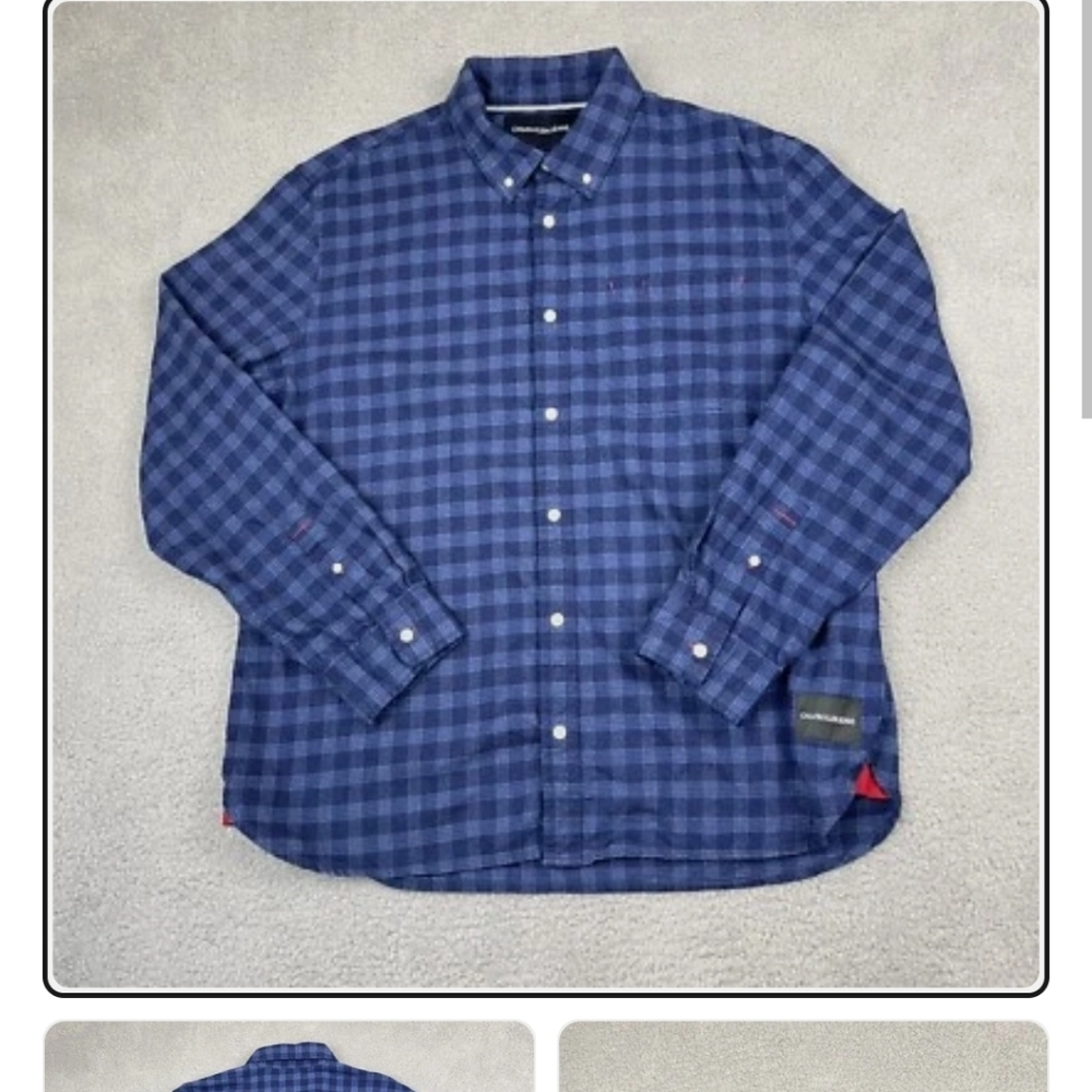 Calvin Klein Jeans Flannel Shirt Men XXL Blue Plaid Long Sleeve Logo EUC